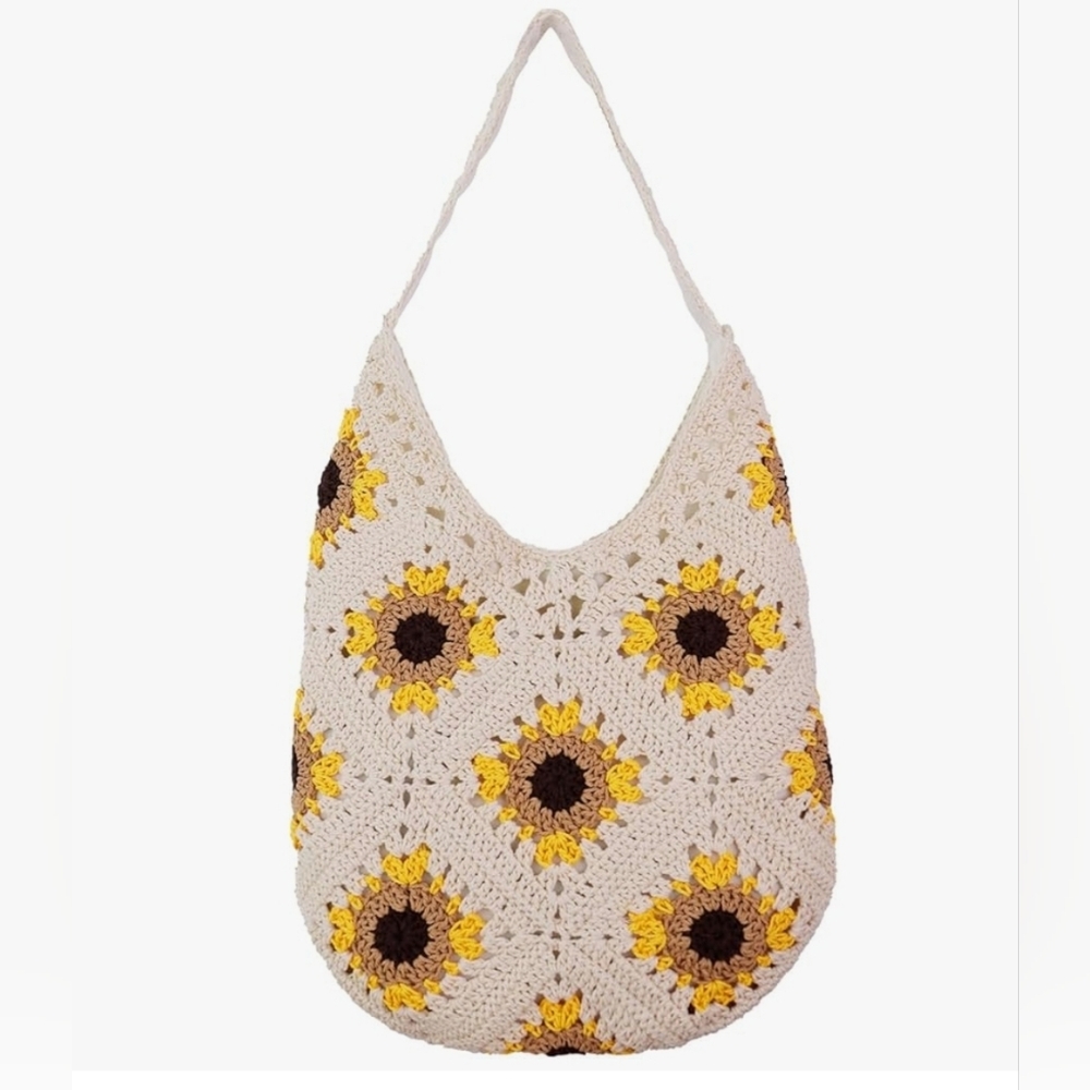 NIB Crochet Sunflower Shoulder Bag Tote Granny Squares Festival